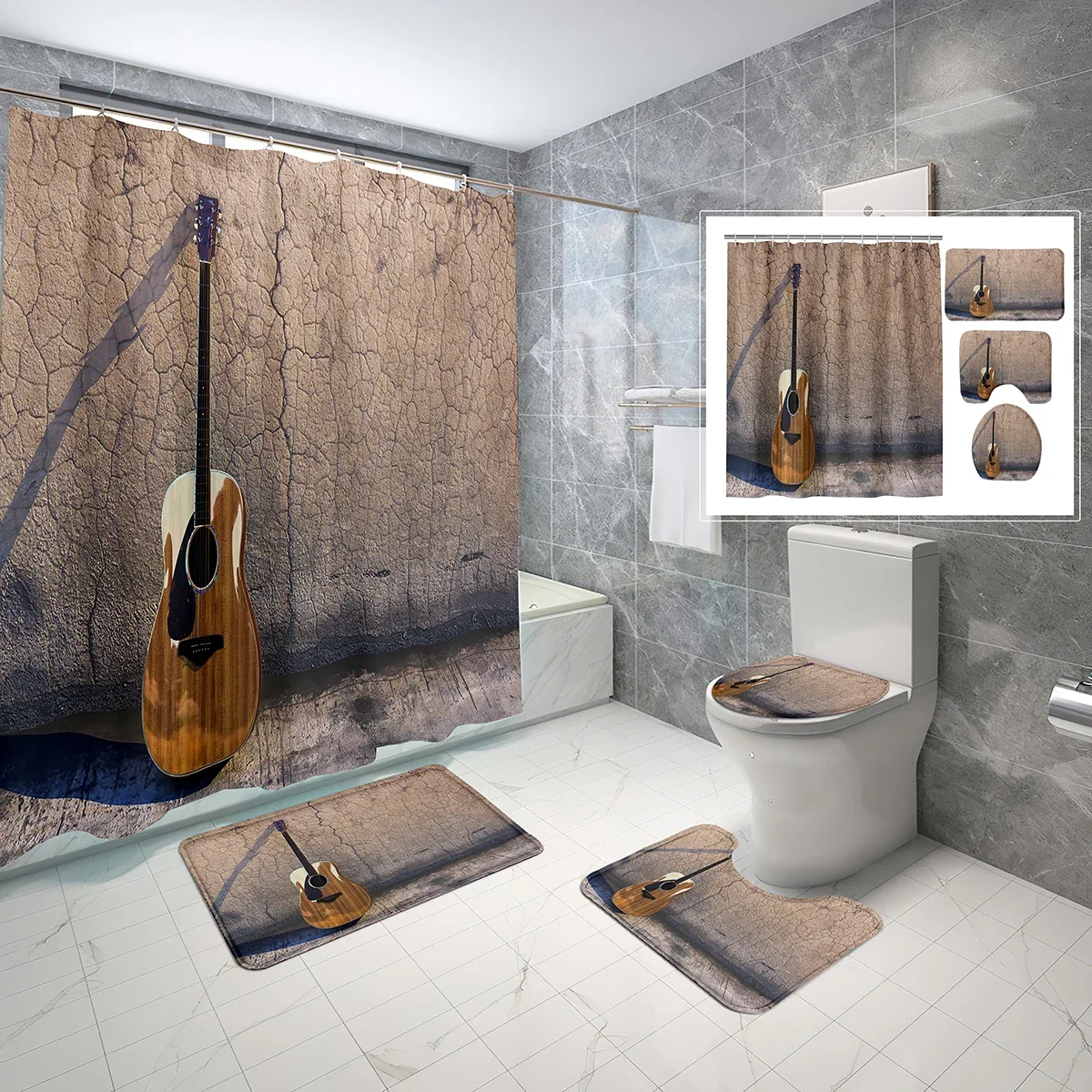 4 Pcs Guitar Shower Curtain Set Music Theme Bathroom Non-Slip Bath Mat Waterproof So Soft Shower Curtain Toilet Cover Set