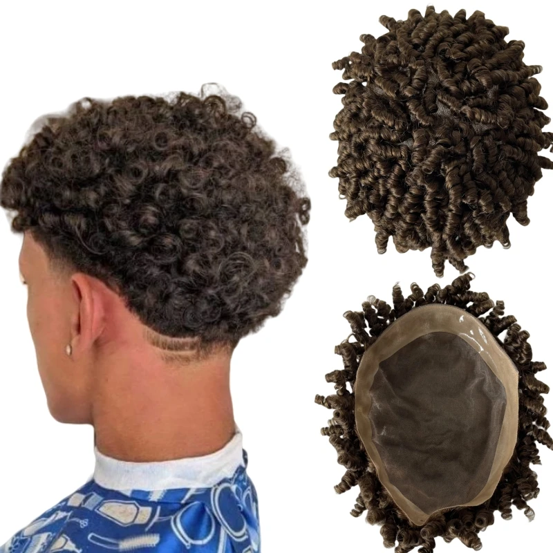 

Indian Virgin Human Hair Pieces Color 4# 15mm Curl Unit 8x10 Mono Lace Toupee for Black Men