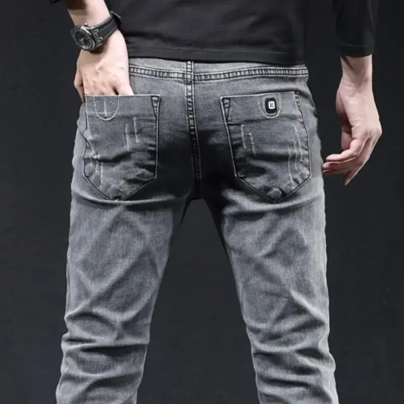 

Grey Elastic Waistband Men's Jeans Fashionable Slim Fit Long Pants Casual Five-Quarter Length Male Denim Trousers