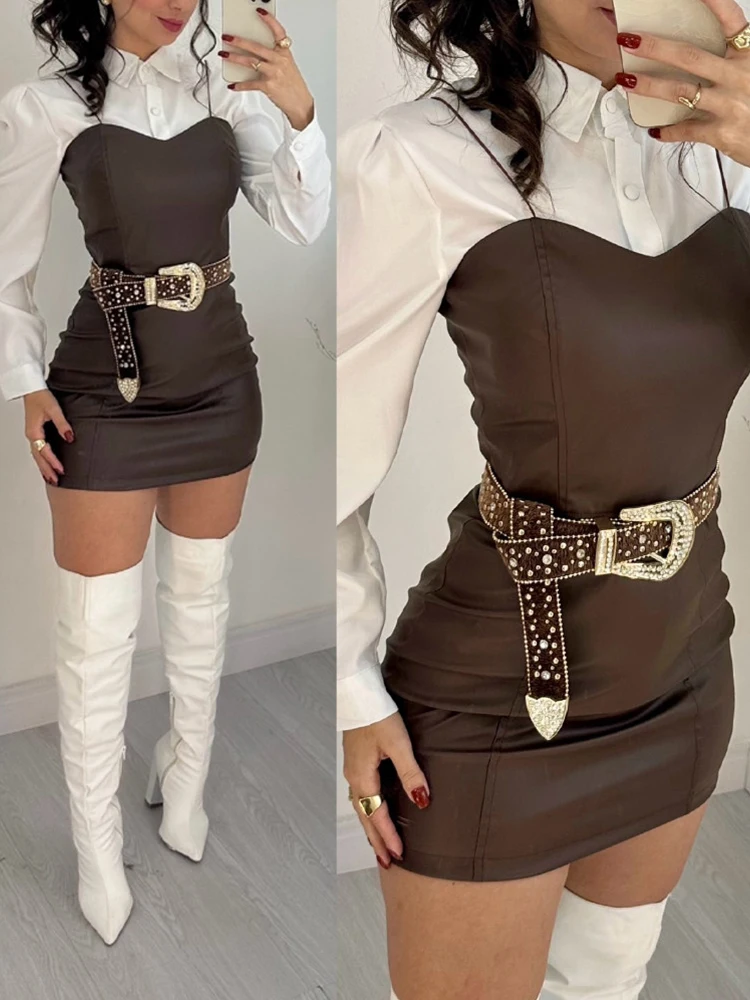 

2026 Women's Elegant Slim Fit Suit Casual Lapel Button Up Shirt + PU Dress Two Piece Set Spring Office Solid Color Party Outfit