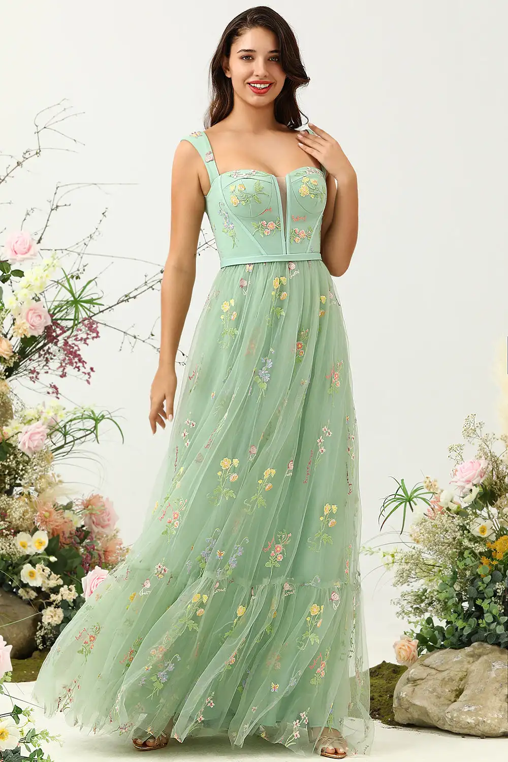 A-Line Square Neck Prom Dress With Flower Embroidered Tulle Long Evening Party Dresses Graduation Gown Wedding Party Dresses