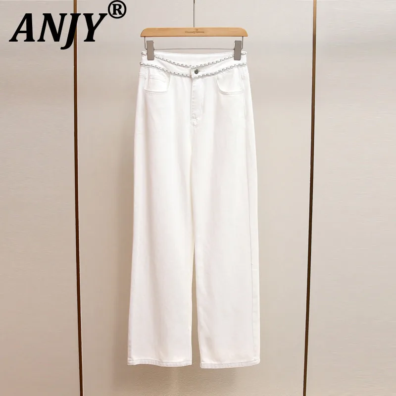 

ANJY Autumn Winter New Women Fashion French High-End Chain Spliced Straight Jeans Versatile Ins Casual Simple Denim Pants A15249