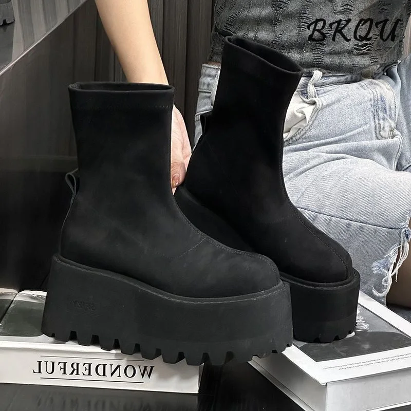 BKQU Thick Bottom Increase Small Man European Station 2024 Autumn/winter New Female Sponge Elastic Thin Ankle Boots