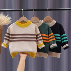 Boys Woolen Sweater Crochet Cotton Windbreak 2023 Stripe Thicken Autumn Winter Pullover High Quality Children's Clothing