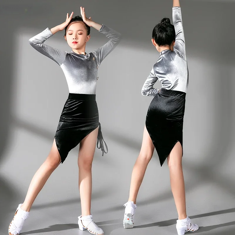 

New Long-sleeved Latin Dance Dress Girls Kids Autumn Winter Rumba Cha Cha Samba Dancewear Modern Costumes Child Practice Wear