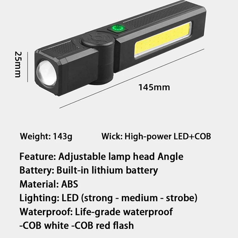 

90°rotate Portable Rechargeable Work Lights LED Folding Torch With Magnetic Base Cob Light Camping Emergency Lamp