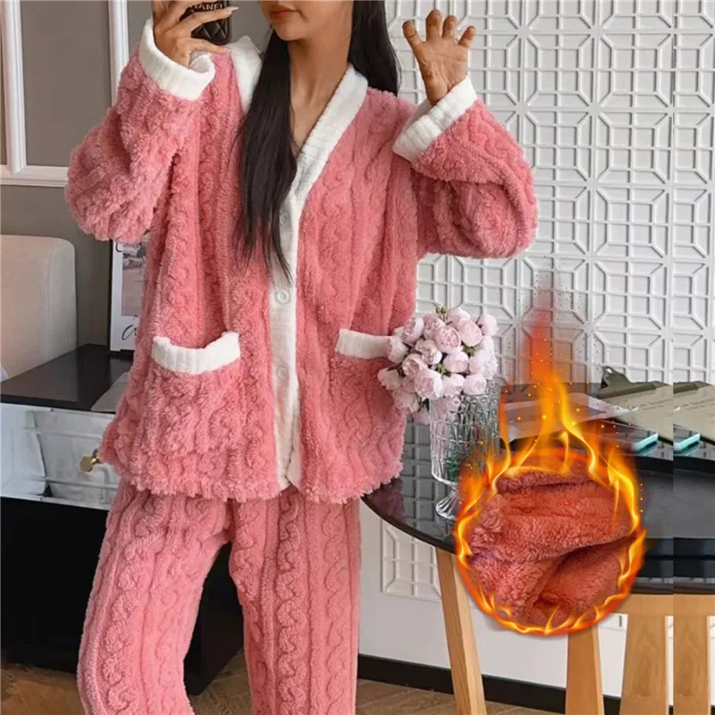 Warm Sleepwear for Winter Padded Thickening Can Be Worn Outside the Student Coral Velvet Suit Homewear Solid Colour V-Neck