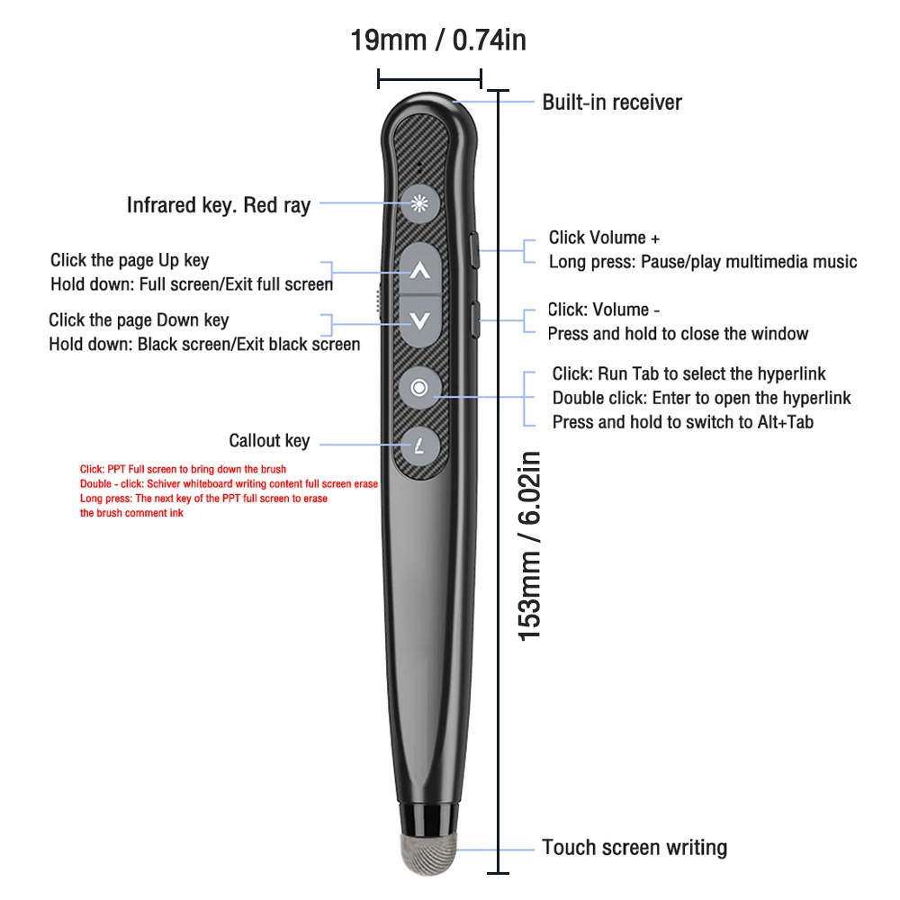 Wireless Powerpoint Pen Presentation Clicker With Capacitive Touch Pen USB Remote Control Flip Pointer For PPT Slide Advancer