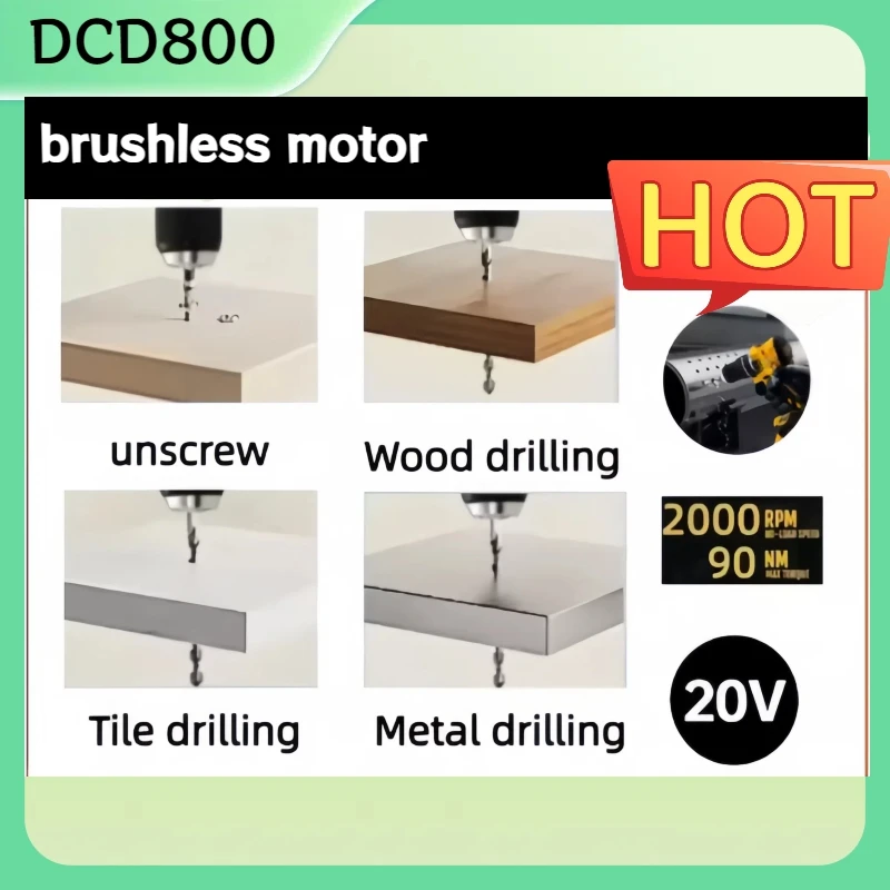 DCD800 20V 무선 드릴 1/2인치 브러시리스 임팩트 드라이버 리튬 전동 공구 2000RPM 임팩트 드릴