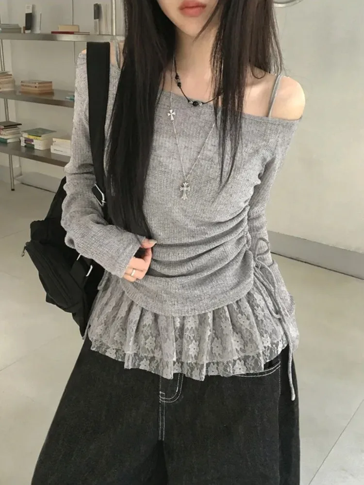 

Серый комплект из 2 предметов, женский осенний новый укороченный топ с открытыми плечами, сексуальный лоскутный кружевной камзол, повседневные милые костюмы Y2k