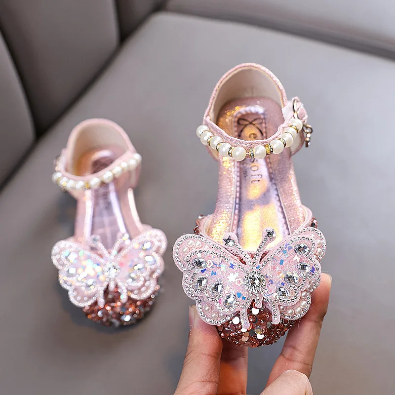 Little Girl Sandal Spring Summer New Children's Leather Shoes Sequins Butterfly Kids Princess Fashion Flat Sandals Versatile