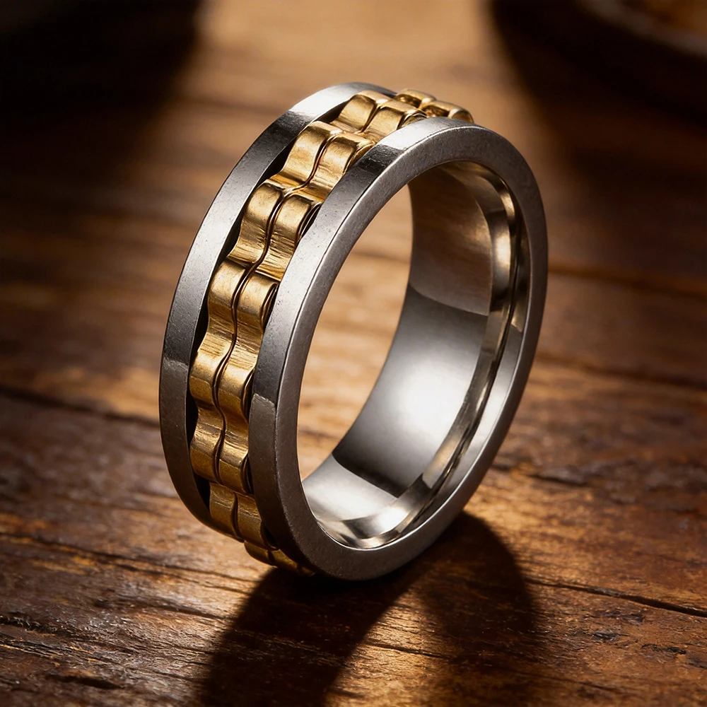 Sunflowerzhu Stainless Steel Rings Men Men'S Rings Man Accessories Spinning Chain Stainless Steel Ring Wedding Band Jewelyr