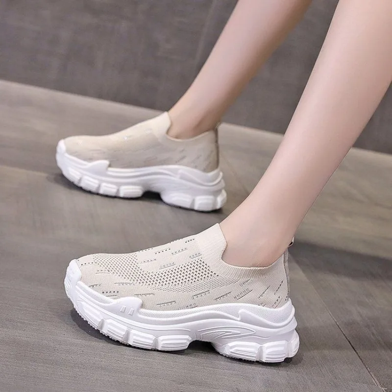 

Women Platform Thick Sole Sports Casual Shoes 2025 Spring Autumn New Versatile Height Increasing Flyknit Mesh Breathable