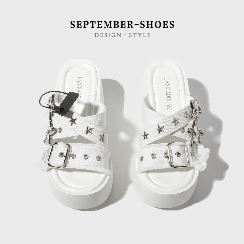Lolita Girl Tall Slippers For Summer Outerwear Sponge Cake Thick Bottom Punk Gothic Subculture Lolita Beach Slippers