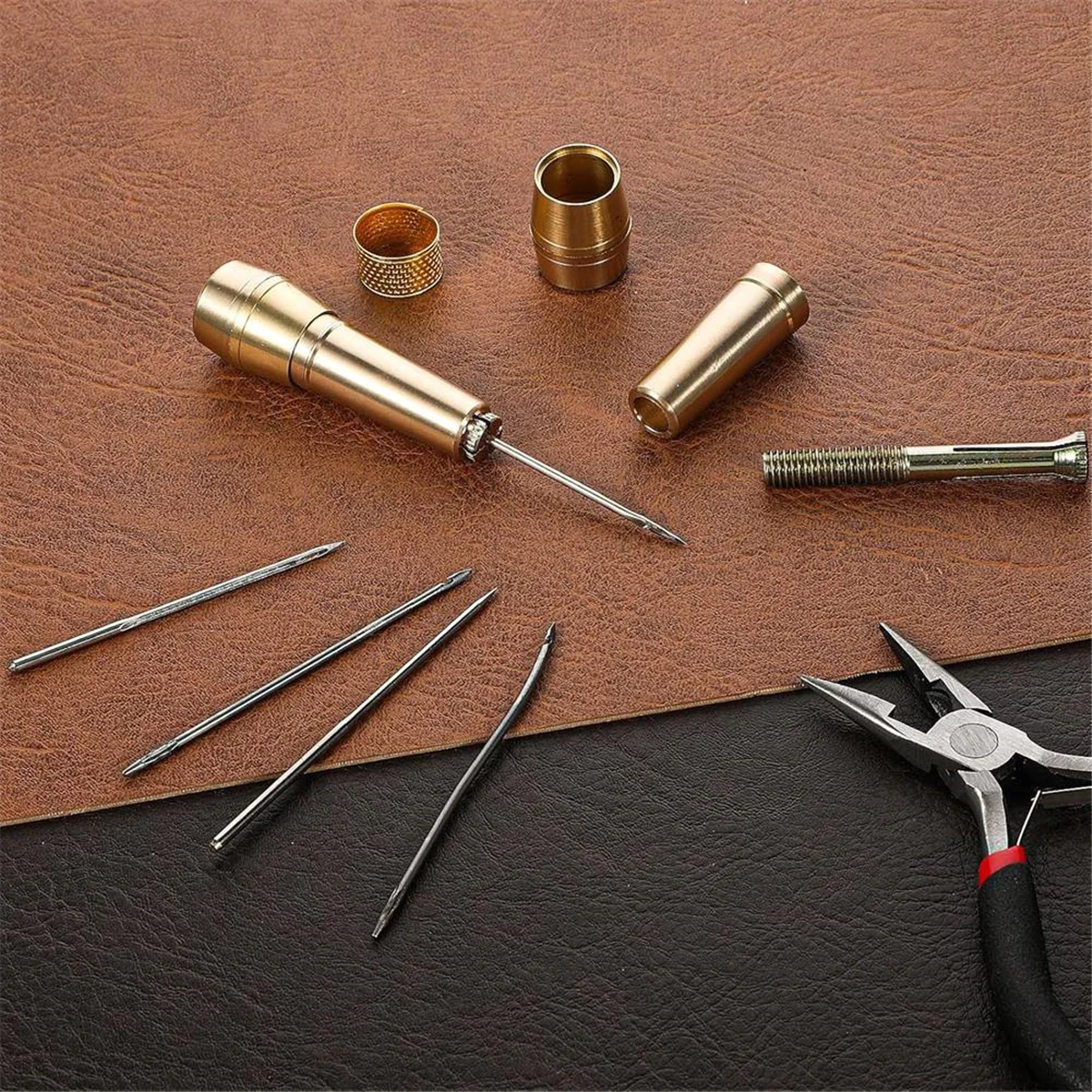 A79G 14 PCS Leather Sewing Awl Needle Set with Copper Handle, Leather Sewing Needle Awl for Leather Craft Sewing Tools