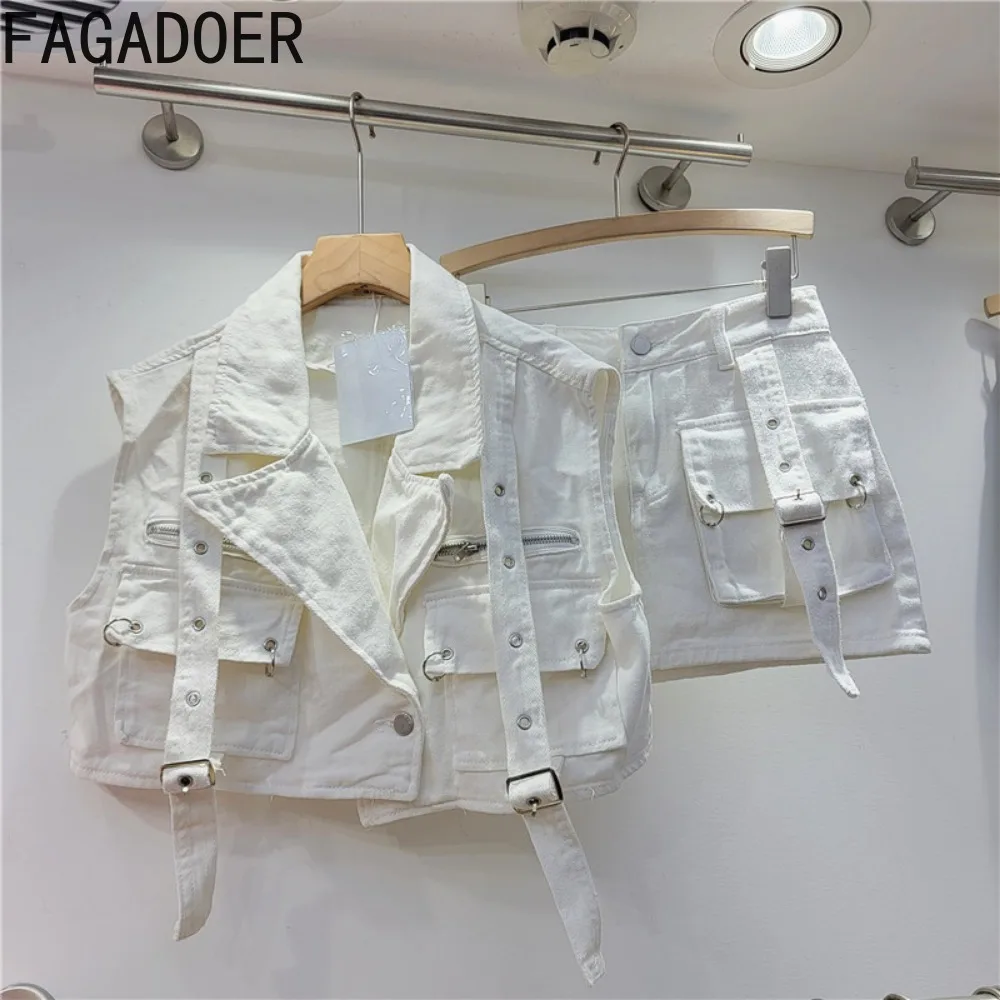 FAGADOER Roze Retro Denim 2-delige sets Outfit Vrouwen Cargo Grote Zakken Jas + Minirok Bijpassende Set Y2k Kleding Streetwear