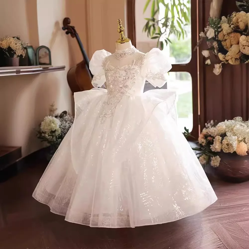 GUXQD White Ball Gown Baby Flower Girl Dresses Sequins Beads Princess Prom Birthday Party Gowns Formal