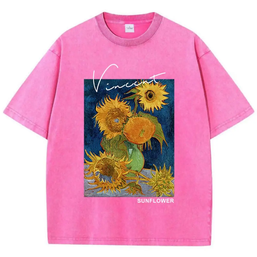 Casual Womens Cotton Washed T-Shirts Van Gogh Sunflower Printing Short Sleeve O-Neck Breathable Soft Tops Fashion Female Clothes