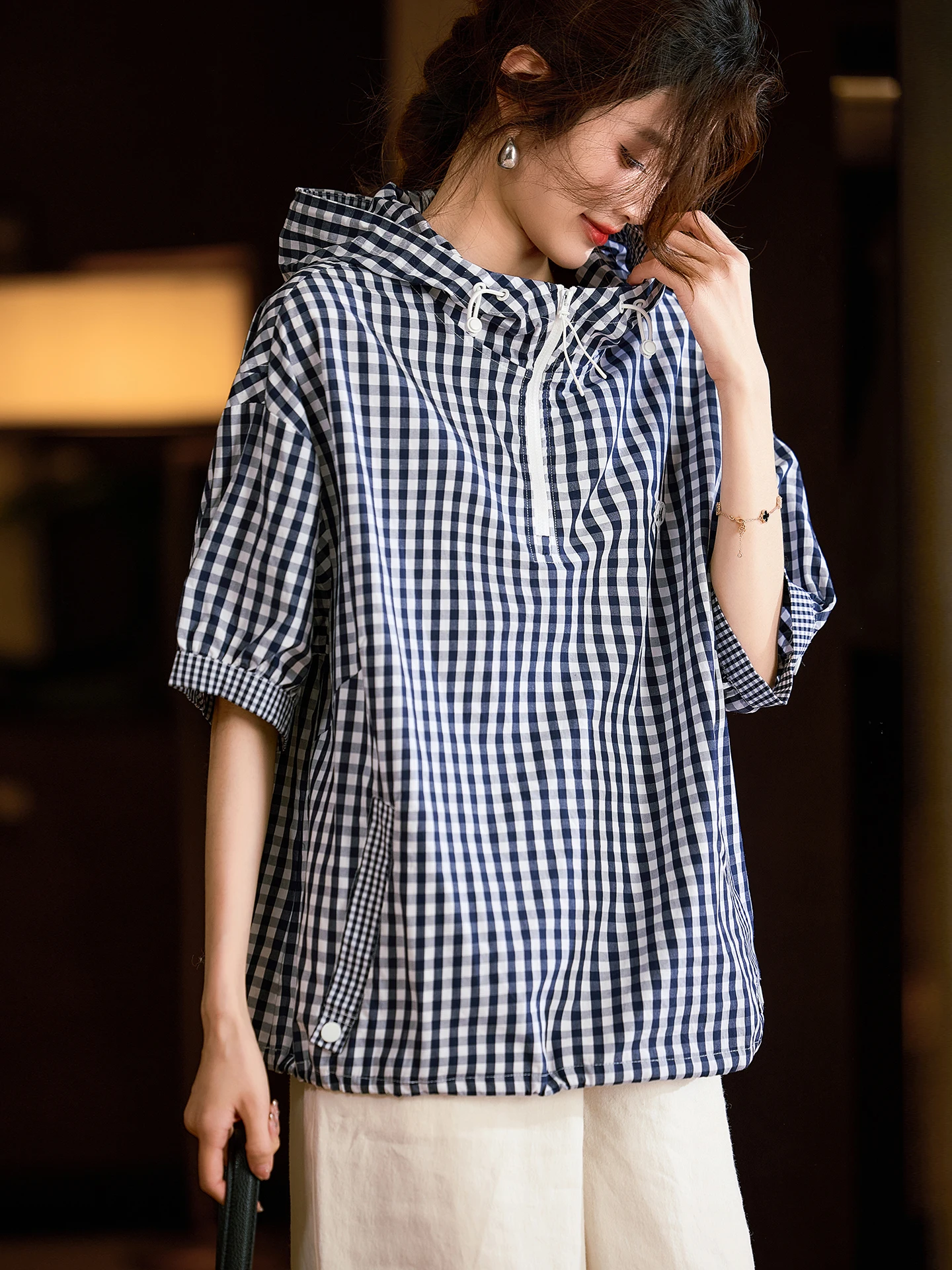 

Pure Cotton Casual Shirt Women's Spring Large Size Short Sleeve Hooded Striped Top Breathable Comfortable Street Style Shirt