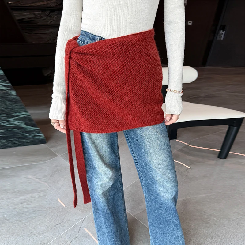 Women Fake Skirt Wool Shawl Autumn Winter Extended Back Hem Hollowed-out Decorative Detachable Hem Soft 100% Merino Wool Knitted