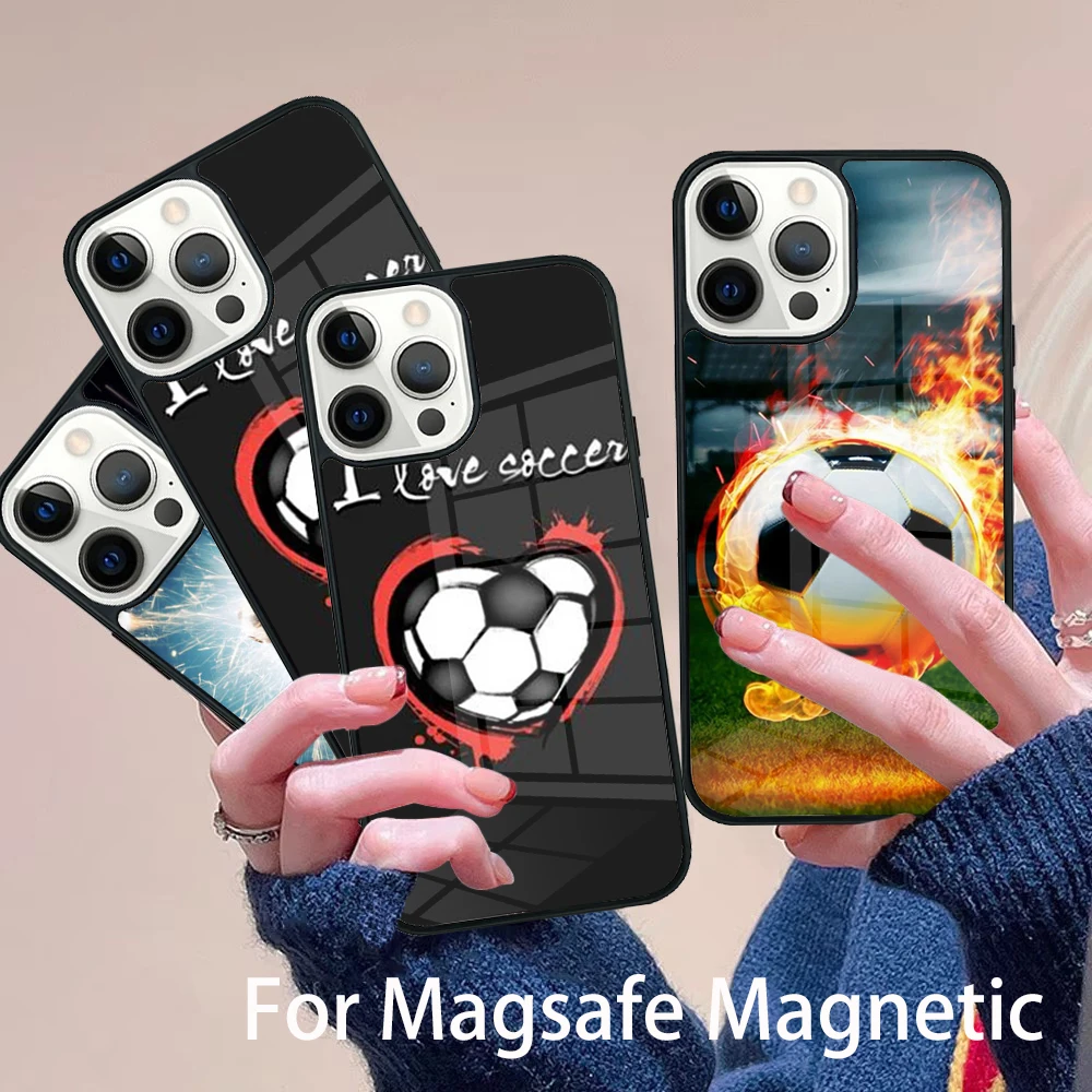 

Football Fire Flames Blue Ball Boys Phone Case Magesafe Magnetic Wireless Charge Cover For IPhone 16 11 12 13 14 15 Pro Max Plus