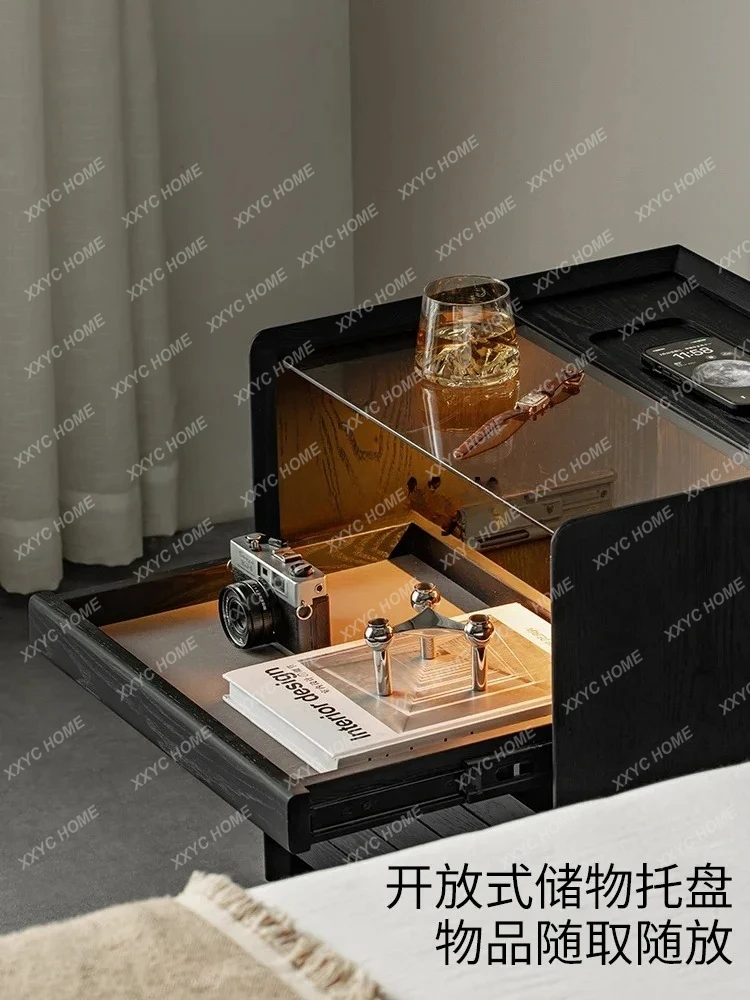 ss CSmart bedside table Wireless charging Home bedroom Bedside solid wood locker Black cabinet with light