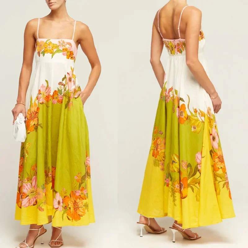 Holiday Vintage Print Dresses Women Beach Straps Slip High Waist Vacation Sleeveless Summer Dress Backless Sexy A-line Fashion