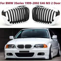 2PCS Silver Chrome&Black Front Bumper Kidney Grill For BMW 3 Series E46 M3 Coupe Convertible 99-02 Pre-LCI 2 Doors Grilles