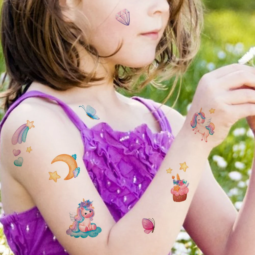 12pcs Kids Unicorn Mermaid Tattoo Colorful Glitter Powder Waterproof Temporary Sticker Cute Cartoon Body Art Arm Fake Tattoos