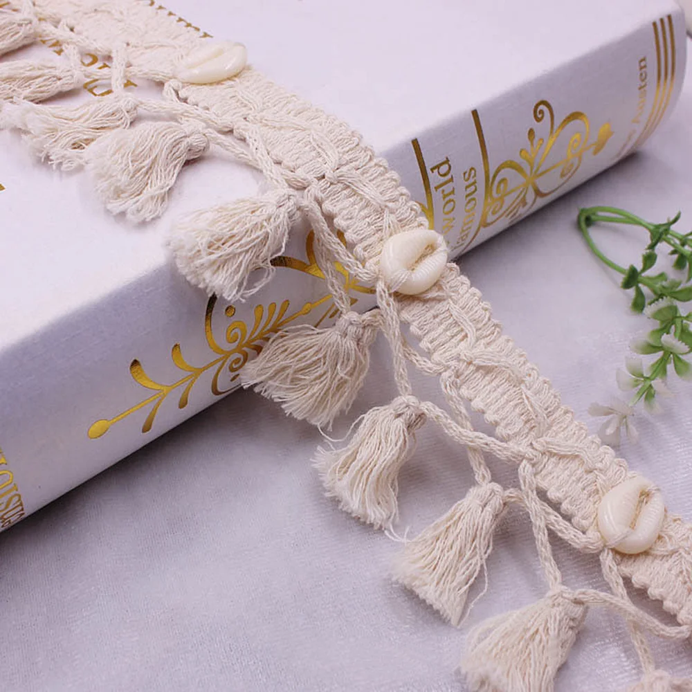 1 Yard Cotton Tassel Lace DIY Bohemian Beige Lace With Shell Fabric Clothing Accessories For National Clothes Hat Bags Scarf