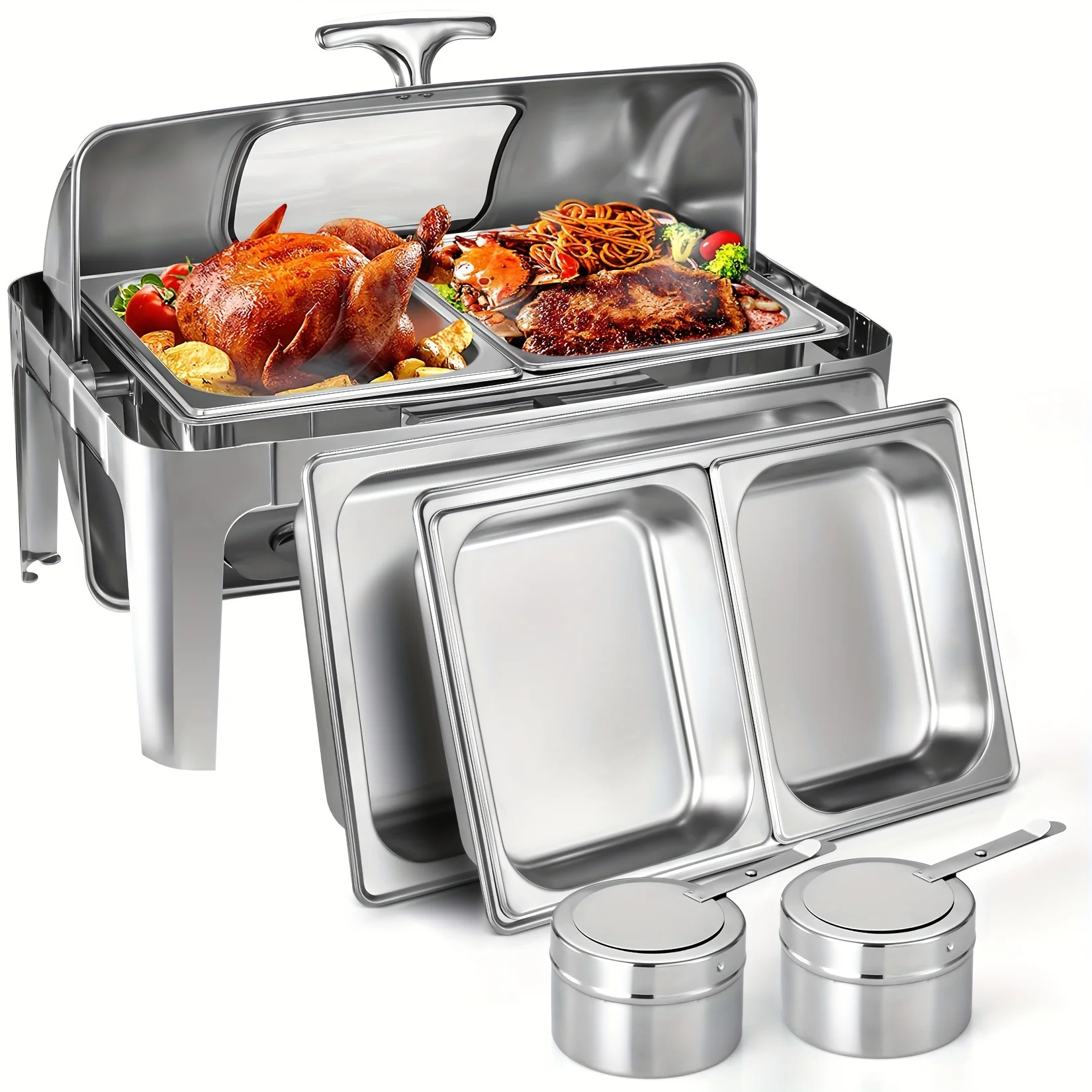 

Stainless Steel Roll-Top Chafing Dish Set - 9Qt Capacity, Easy Clean & Durable Buffet Server For Parties, Includes 1/2 Size Pans