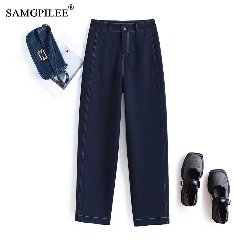 

New Winter Woolen Women's Pants 2023 Open Stitch Design Three Dimensional Cutting Blue Overalls Nine Point Trousers 28-33