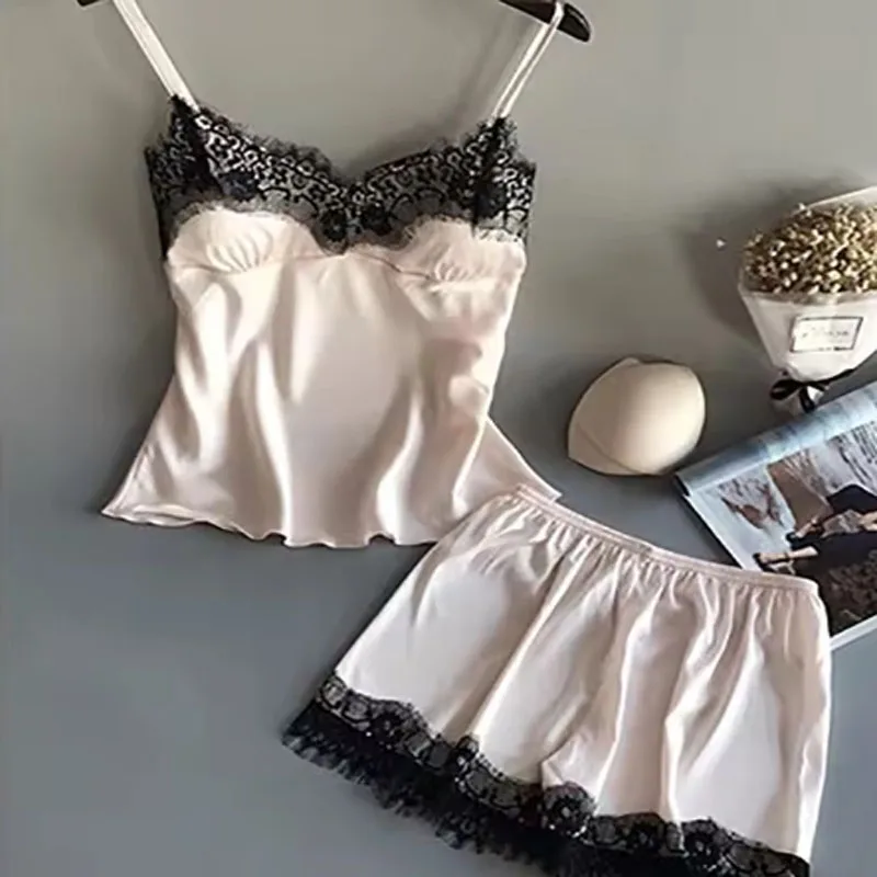 Women Pajama Suit Fashion V-Neck Lace Sexy Lingerie Pyjamas Sleep Shorts Set New Sleepwear