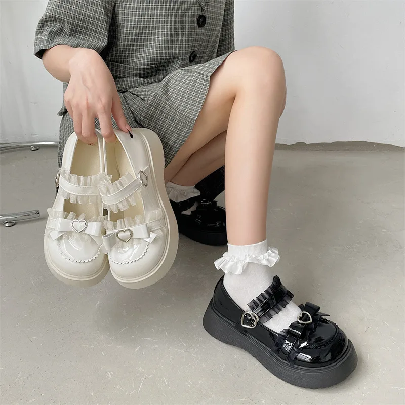 Chunky Platform Mary Jane Shoes for Women Patent Leather Lace Ankle Strap Pumps Woman 2024 Autumn White Lolita Shoes Y2K