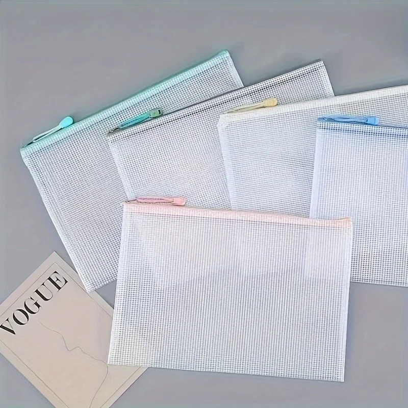 

5pcs PVC Mesh Zipper Storage Folders with Label Holders Heavy-Duty Stackable File Organizers Home Office Supplies