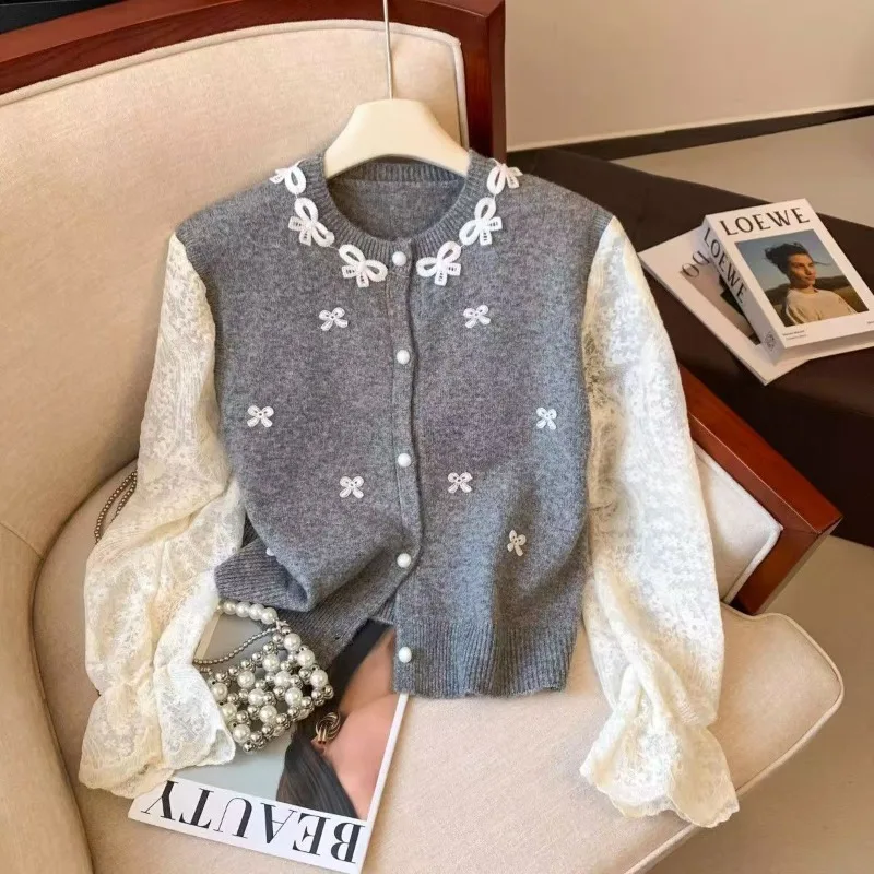 

2025 Autumn and Winter Fashion New Women's Elegant Knitted Single Breasted Cardigan with Lace Sleeves High-end Outerwear Sweater