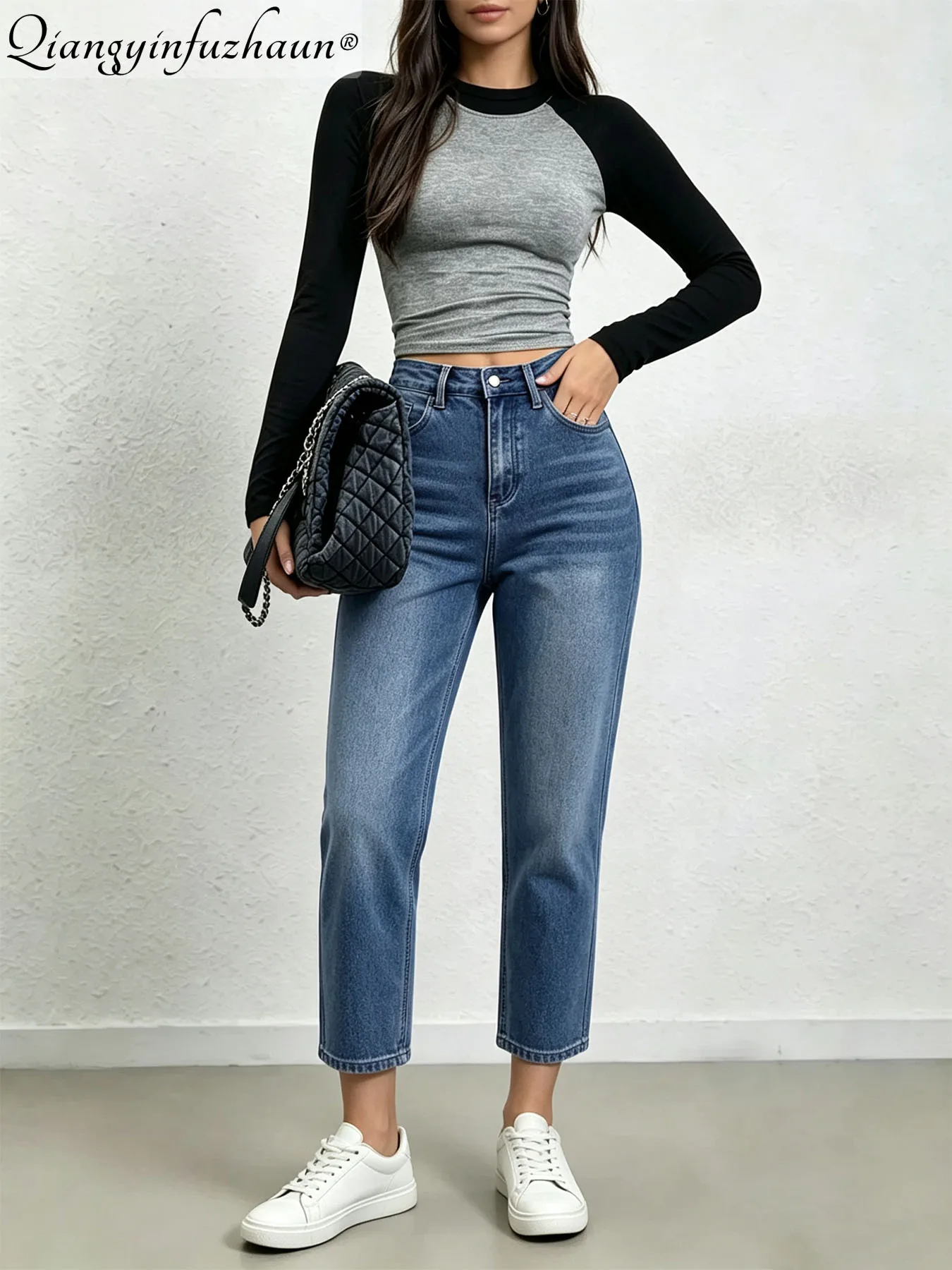 Women's Mid-Thigh Long Tapered Denim Pants, Retro Washed Stretch Denim Pants, Casual Ankle-Length Pants with Pockets, Suitable F