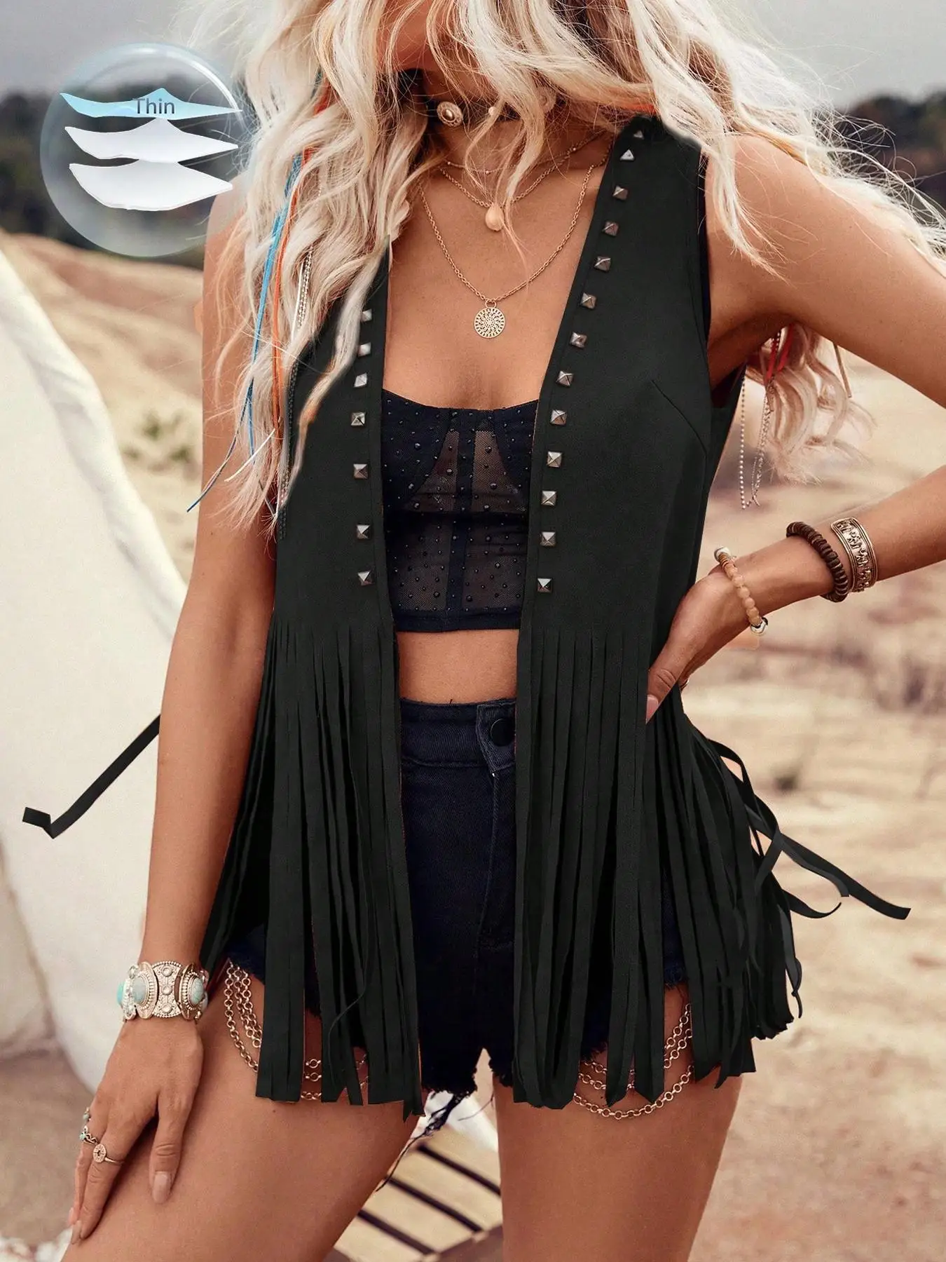 Women's Solid Color Studded Decor Fringe Trim Jacket, Casual Fashion Open Front Sleeveless Outerwear for Daily Outdoor Wear,