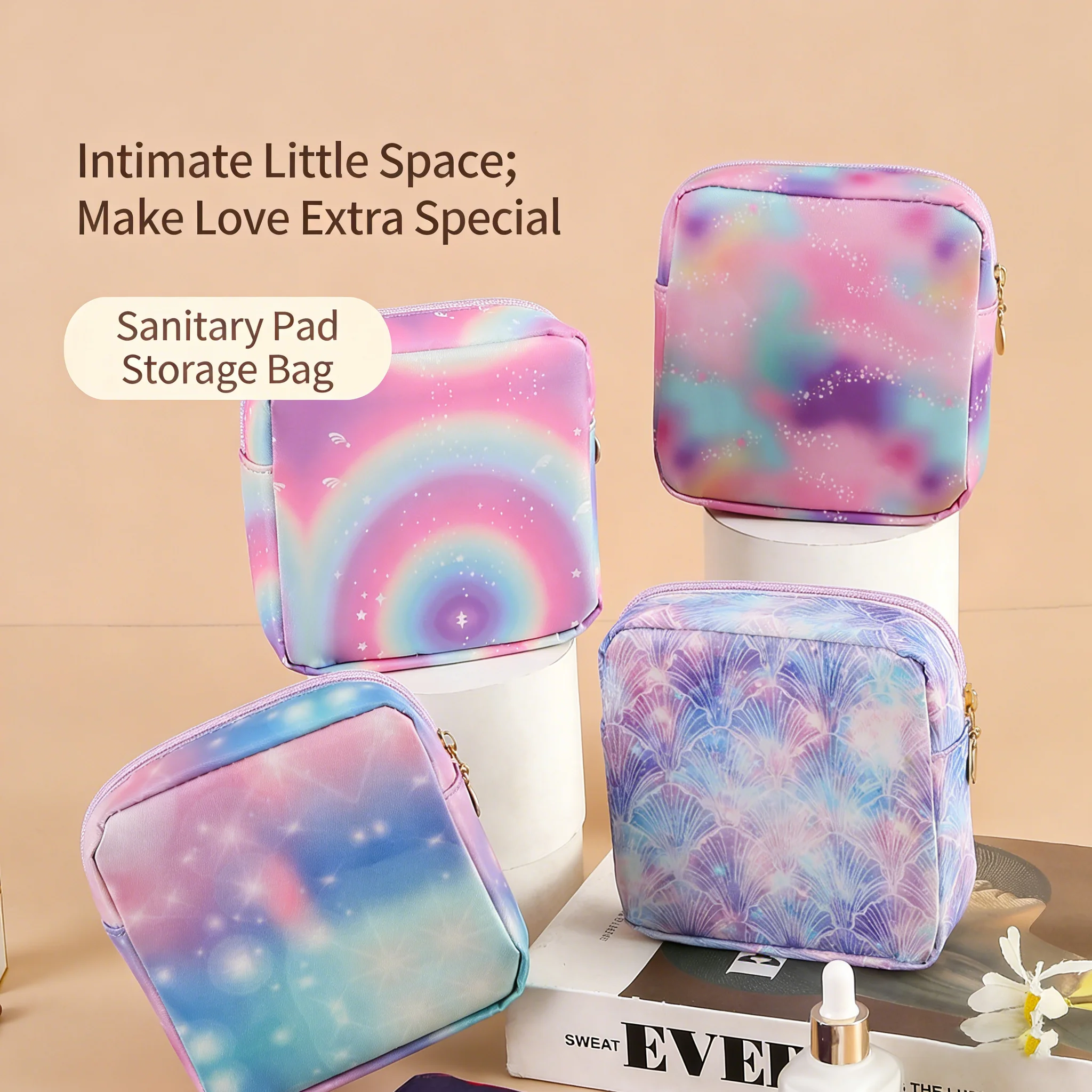 Gradient Sanitary Pad Storage Bag, Portable Menstrual Pouch, Waterproof Cosmetic Organizer for Tampons Pads, Mini Earphone Case