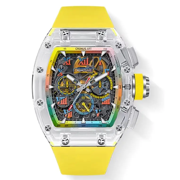 CRONUSART Men Chronograph Watch Tonneau Mechanical Wristwatch Sapphire Case Sapphire Mirror Luminous Skeleton Dial FKM Strap