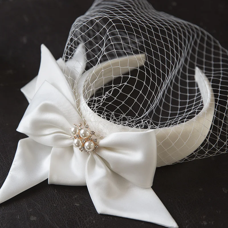 New White bridal hairband Mesh Satin Bow Headband Vintage Fairy Bridal Wedding hair Accessory