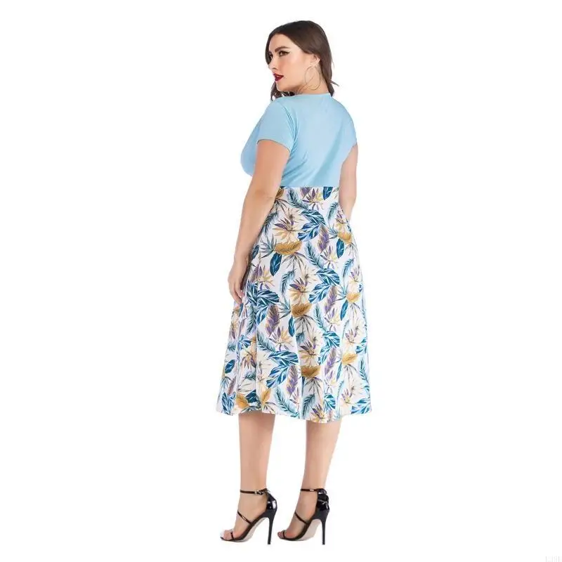 l38e-donna-taglie-forti-manica-corta-avvolgente-avvolgente-scollo-a-v-colorblock-midi-abito-lungo-fluido-boho-foglie-tropicali