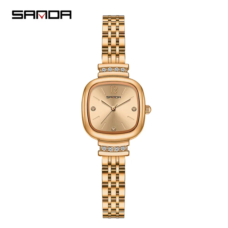 SANDA7052 Luxury Women's Diamond Set Watch Elegant Retro Design Lightweight 9MM Waterproof Mineral Glass Fashion Sunshine Dial