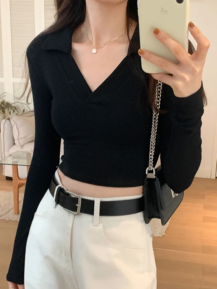 White Long Sleeve T-shirt For Women Short Style Slim Tops Screw Thread V Neck Basic Fashion T Shirt Woman Tees Ladies Clothes