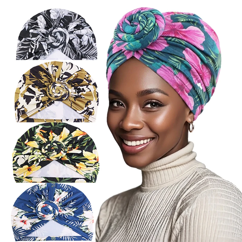 

Новая женская шапка-тюрбан с африканским принтом, цветочная шапочка-бини с узлом, индийская повязка на голову, эластичная шапка для химиотерапии, бандана, праздничный головной убор, головной платок