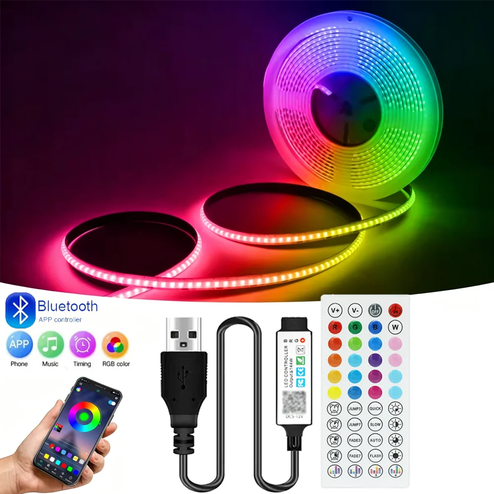 5V USB RGB COB LED-Streifen mit Bluetooth-Steuerung und 44-Tasten-Fernbedienung, 1-5M Set für Raumbeleuchtung, PC- und TV-Hintergrundbeleuchtung, Neon-LED-Beleuchtung