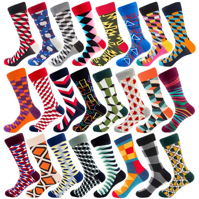 High Quality Men's Funny Happy Diamond Pattern Three-dimensional Tube Geometric Socks Harajuku Combed Cotton Casual Sock