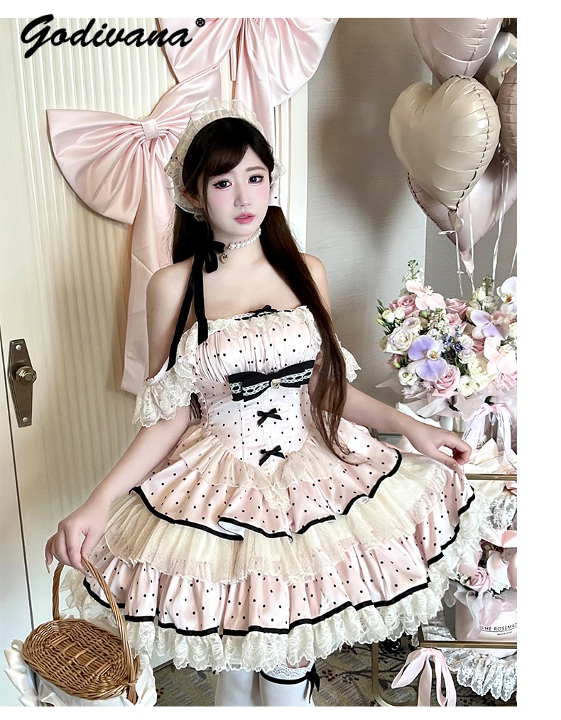 جديد الصيف الحلو فتاة المرأة منقطة سليم حمالة الدانتيل فستان الأميرة لطيف منتفخ قصيرة فساتين حفلة عيد ميلاد