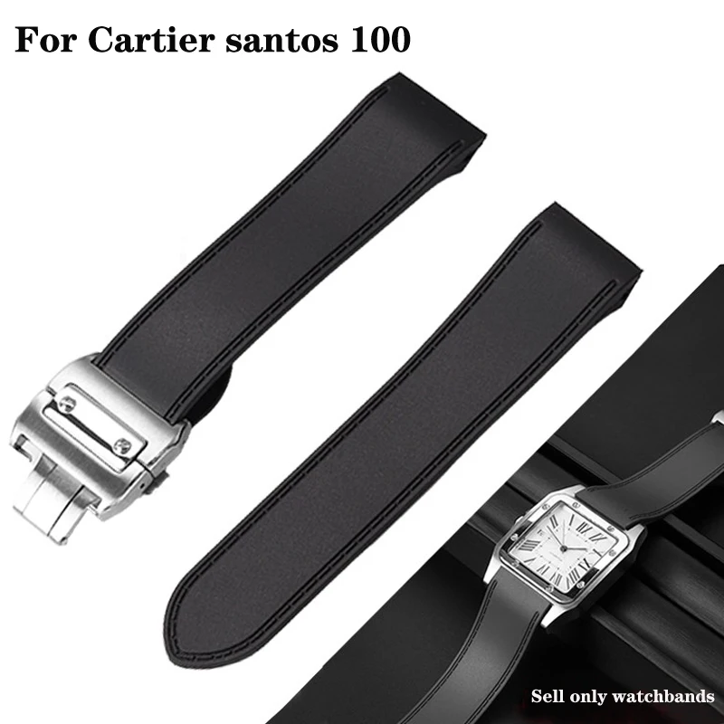 23mm 25mm Watchband For Cartier santos100 Santos silicone rubber watch strap santos 100 Metal buckle men Black soft bracelet