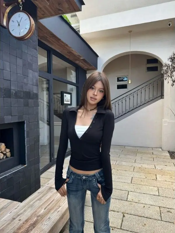 Color Block  Neck Long Sleeve T-Shirt Women's Slim Fit Short Style Top Breathable Cotton Blend Spring Autumn Fashion